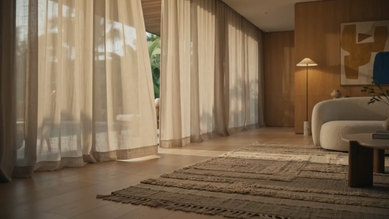 Sala de estar da Tupinikim com sofá curvo, luminária de piso e uma pintura da artista Anete Abarno na parede de madeira