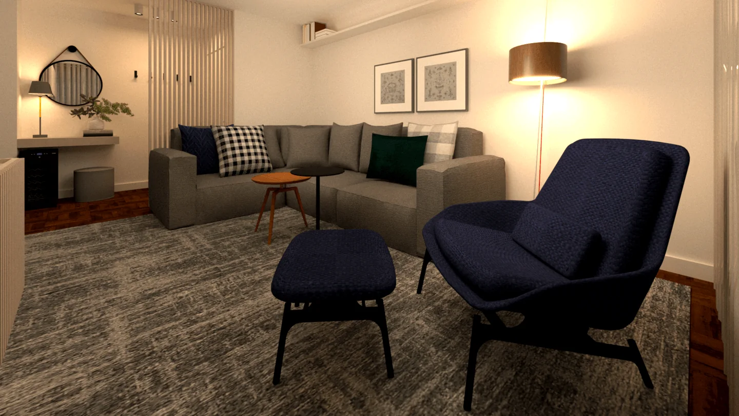 Sala de estar do apartamento RA1103, com poltrona azul-marinho e painel ripado ao fundo